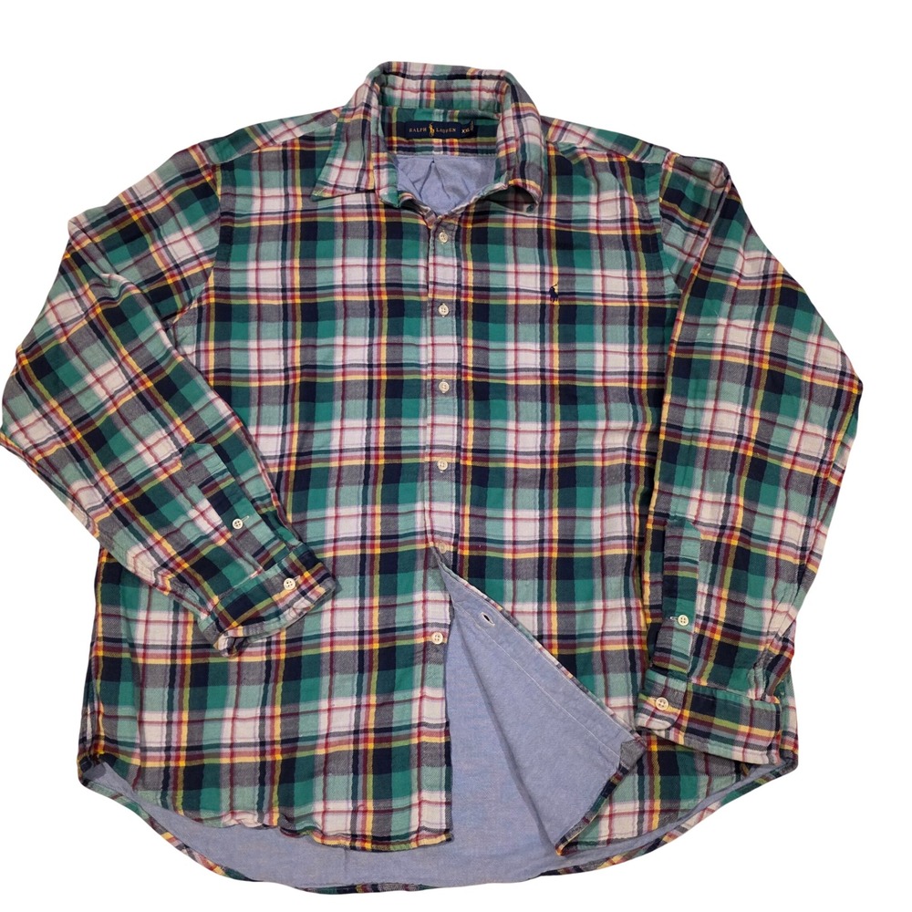 Ralph Lauren Double Faced Flannel Shirt Mens XXL Green Plaid Chambray Lined